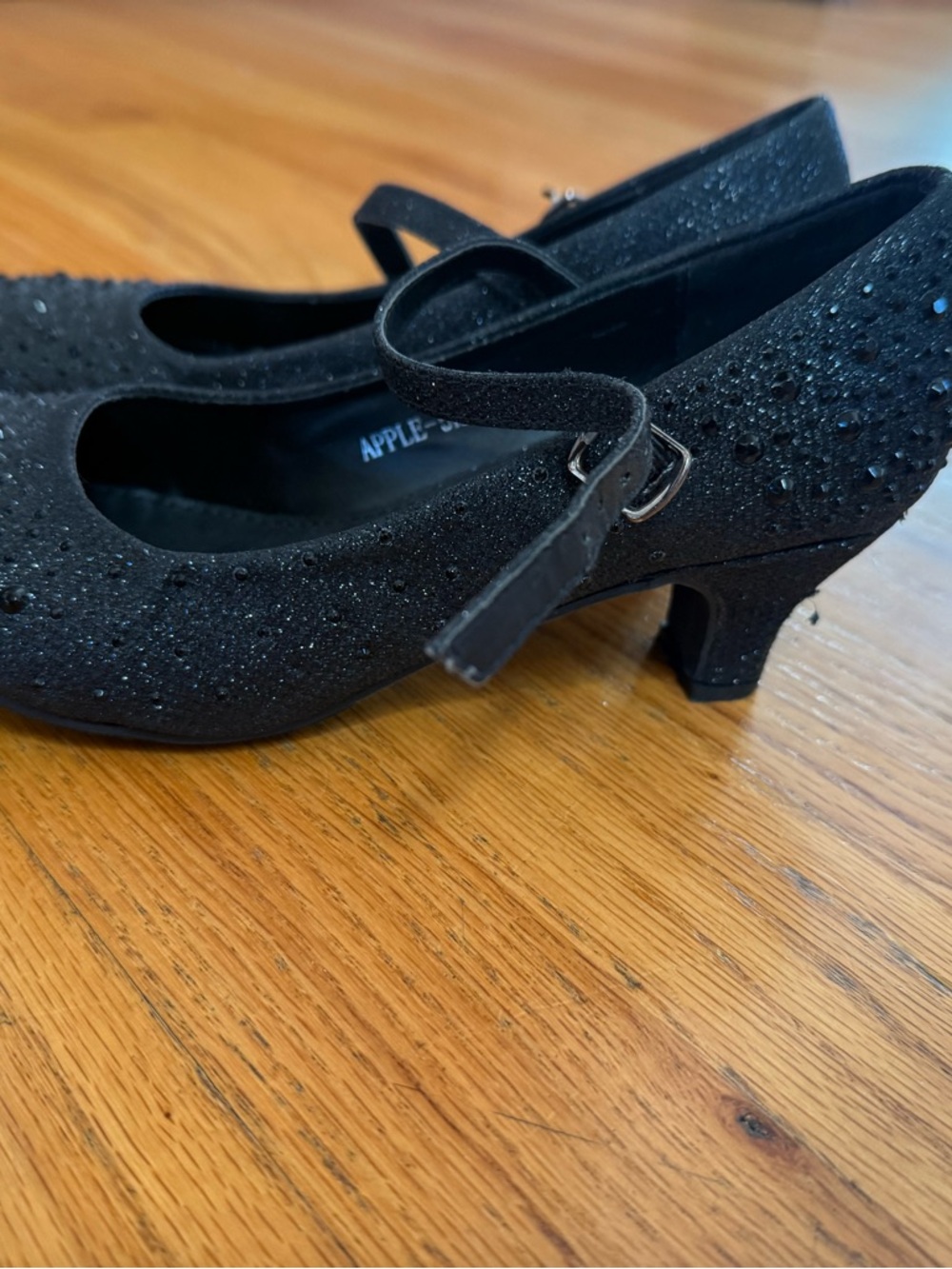 Apple Black Sparkle Mary Jane Heels with Buckle Strap